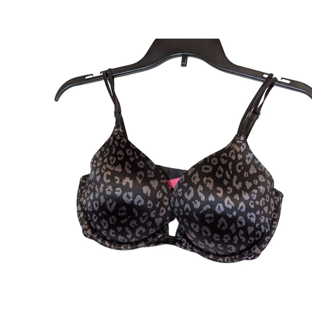 Victorias Secret Pink Push-Up Bra Leopard Print 36D Adjustable Straps Supportive